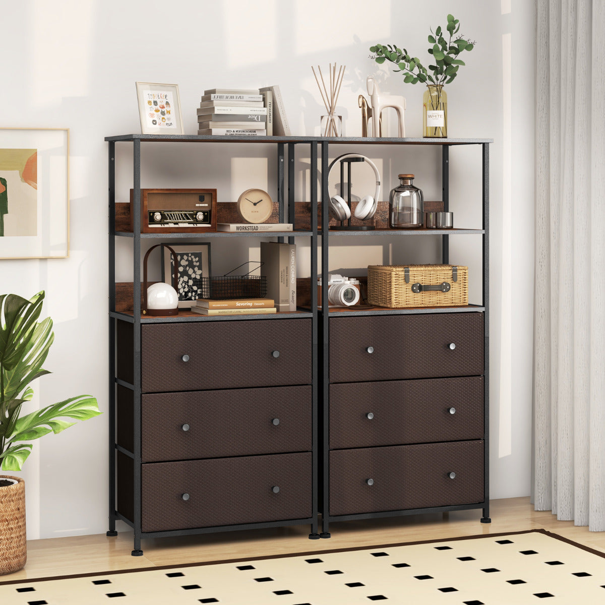 Cómoda de 3 Cajones con Estantes Abiertos Marco de Metal Organizador con Contenedores de Tela Extraíbles para Dormitorio Salón Estudio
