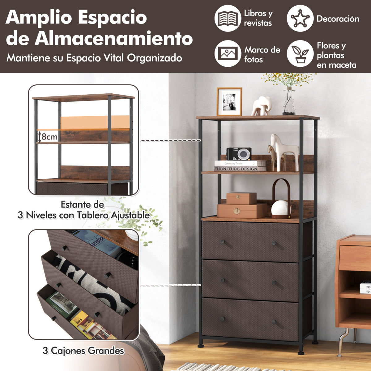 Cómoda de 3 Cajones con Estantes Abiertos Marco de Metal Organizador con Contenedores de Tela Extraíbles para Dormitorio Salón Estudio