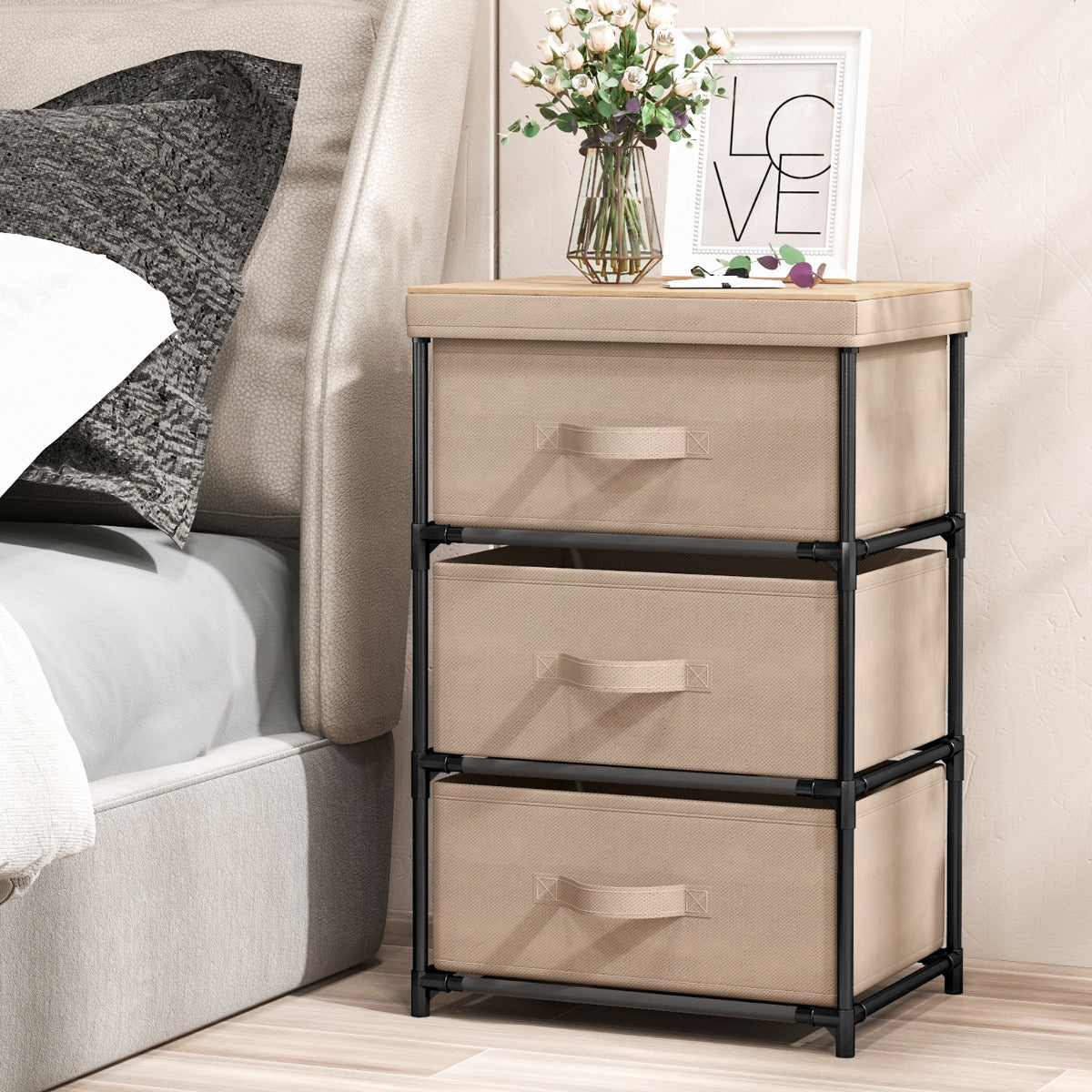 Cómoda de 3 Niveles de Tela Mesilla de Noche con 3 Cajones Unidad de Organización Estructura Metálica para Dormitorio Pasillo Entrada Café