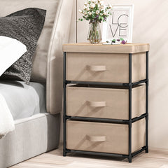 Cómoda de 3 Niveles de Tela Mesilla de Noche con 3 Cajones Unidad de Organización Estructura Metálica para Dormitorio Pasillo Entrada Café