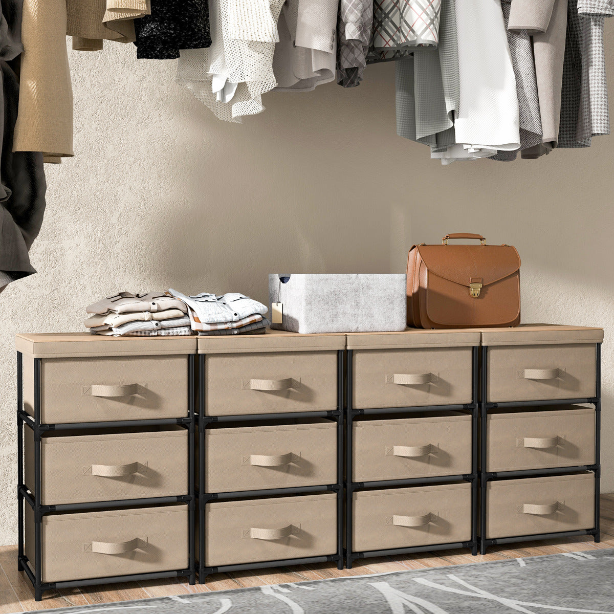 Cómoda de 3 Niveles de Tela Mesilla de Noche con 3 Cajones Unidad de Organización Estructura Metálica para Dormitorio Pasillo Entrada Café