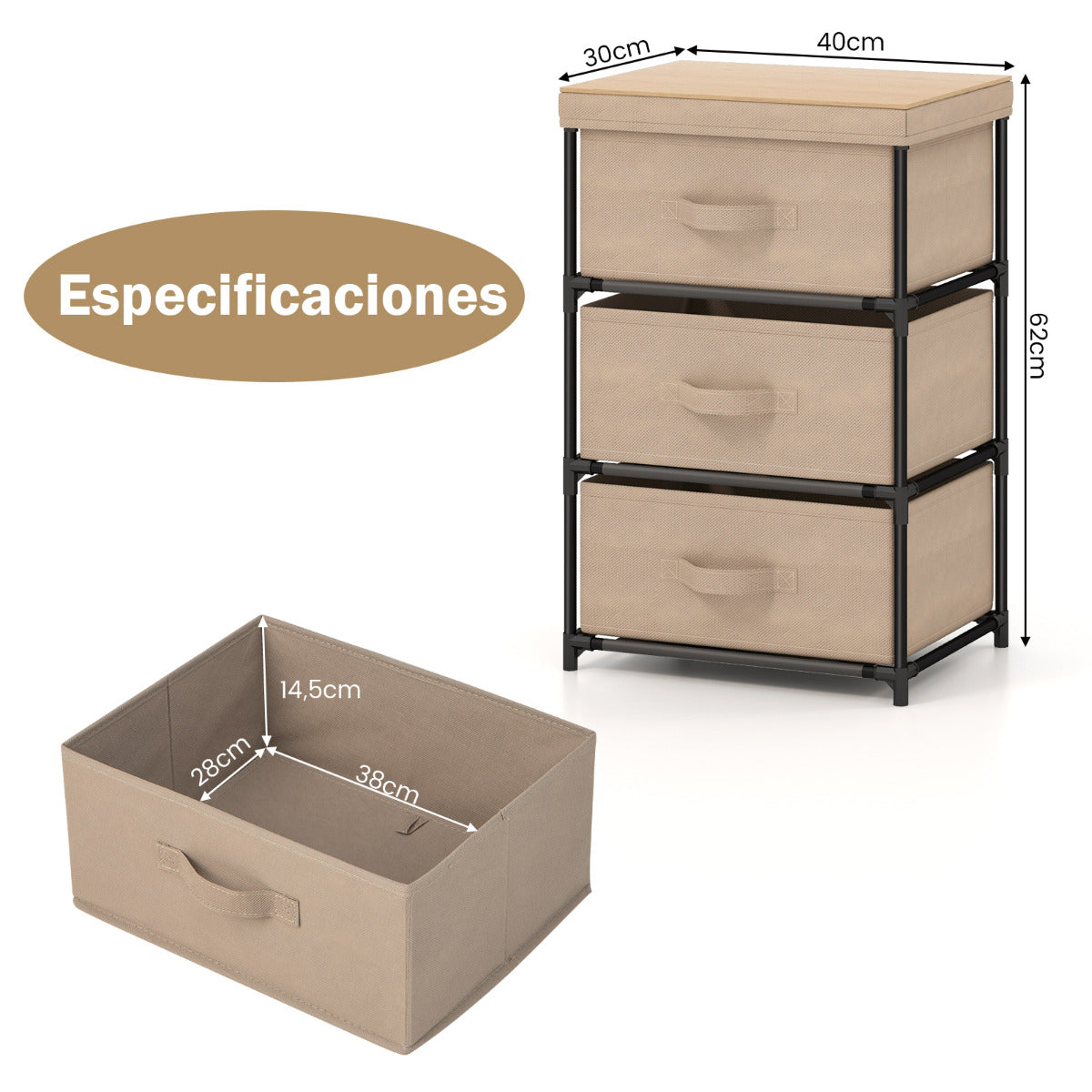Cómoda de 3 Niveles de Tela Mesilla de Noche con 3 Cajones Unidad de Organización Estructura Metálica para Dormitorio Pasillo Entrada Café