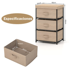 Cómoda de 3 Niveles de Tela Mesilla de Noche con 3 Cajones Unidad de Organización Estructura Metálica para Dormitorio Pasillo Entrada Café