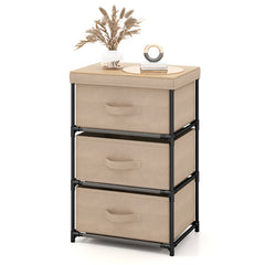 Cómoda de 3 Niveles de Tela Mesilla de Noche con 3 Cajones Unidad de Organización Estructura Metálica para Dormitorio Pasillo Entrada Café