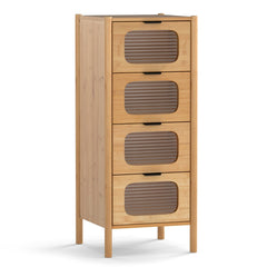 Cómoda de 4 Cajones de Bambú con Vidrio Templado Estriado 40 x 40 x 97 cm Natural
