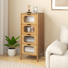 Cómoda de 4 Cajones de Bambú con Vidrio Templado Estriado 40 x 40 x 97 cm Natural