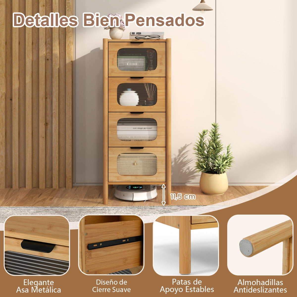 Cómoda de 4 Cajones de Bambú con Vidrio Templado Estriado 40 x 40 x 97 cm Natural