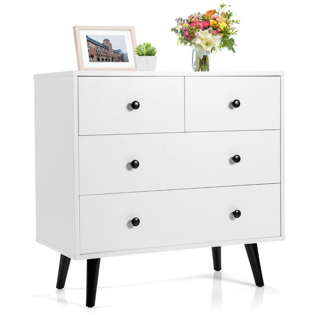Cómoda de 4 Cajones Moderna de Almacenamiento de Madera con Kits Antivuelco Organizador para Dormitorio Sala de Estar Pasillo Blanco