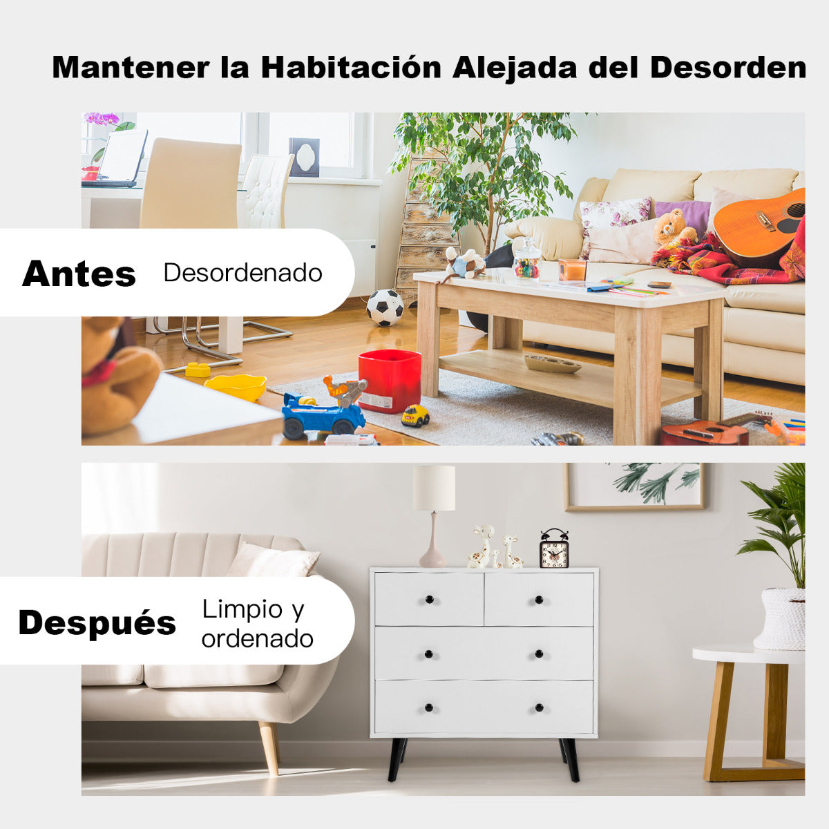 Cómoda de 4 Cajones Moderna de Almacenamiento de Madera con Kits Antivuelco Organizador para Dormitorio Sala de Estar Pasillo Blanco