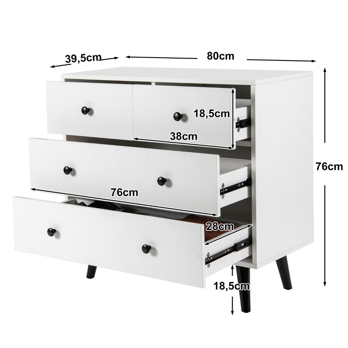 Cómoda de 4 Cajones Moderna de Almacenamiento de Madera con Kits Antivuelco Organizador para Dormitorio Sala de Estar Pasillo Blanco