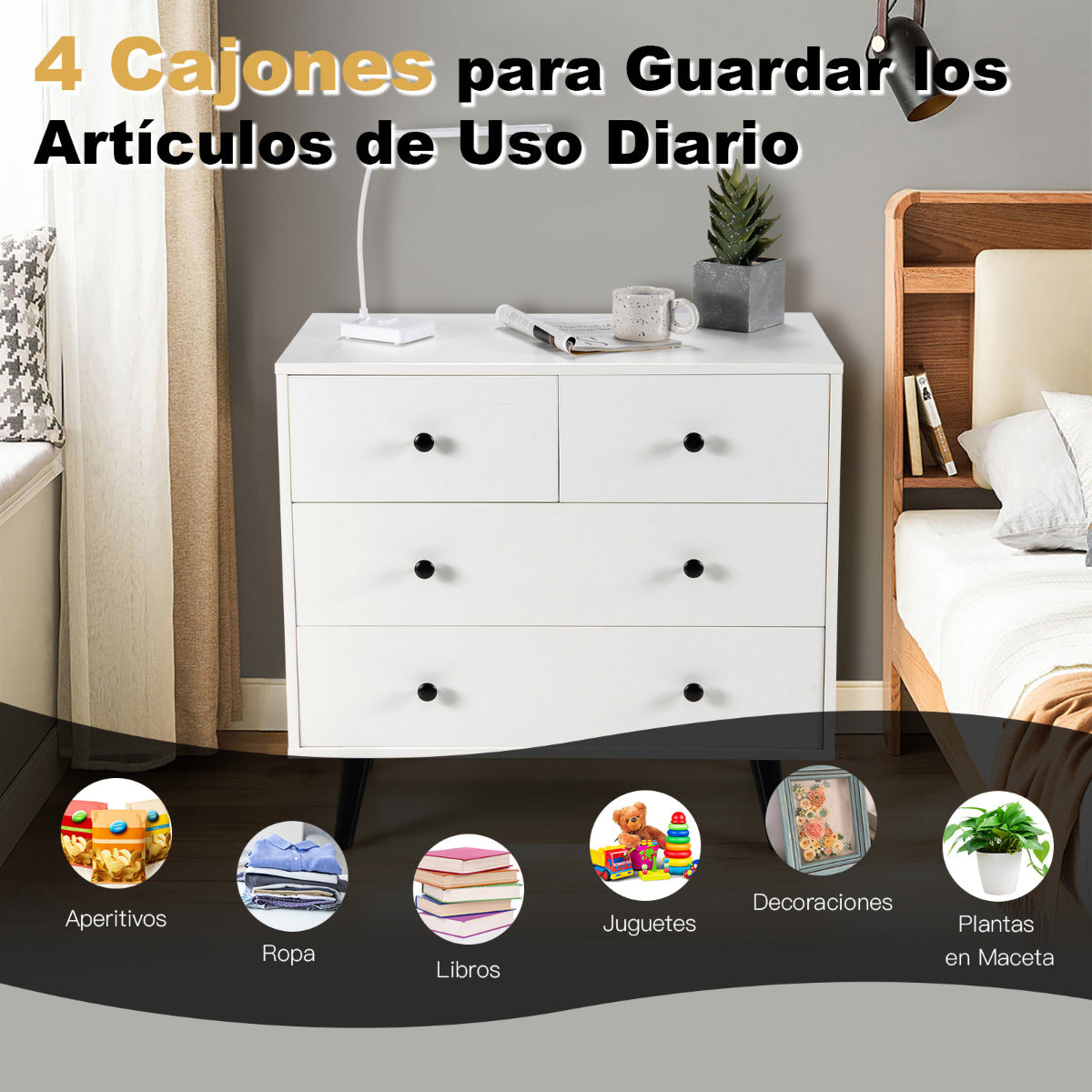Cómoda de 4 Cajones Moderna de Almacenamiento de Madera con Kits Antivuelco Organizador para Dormitorio Sala de Estar Pasillo Blanco
