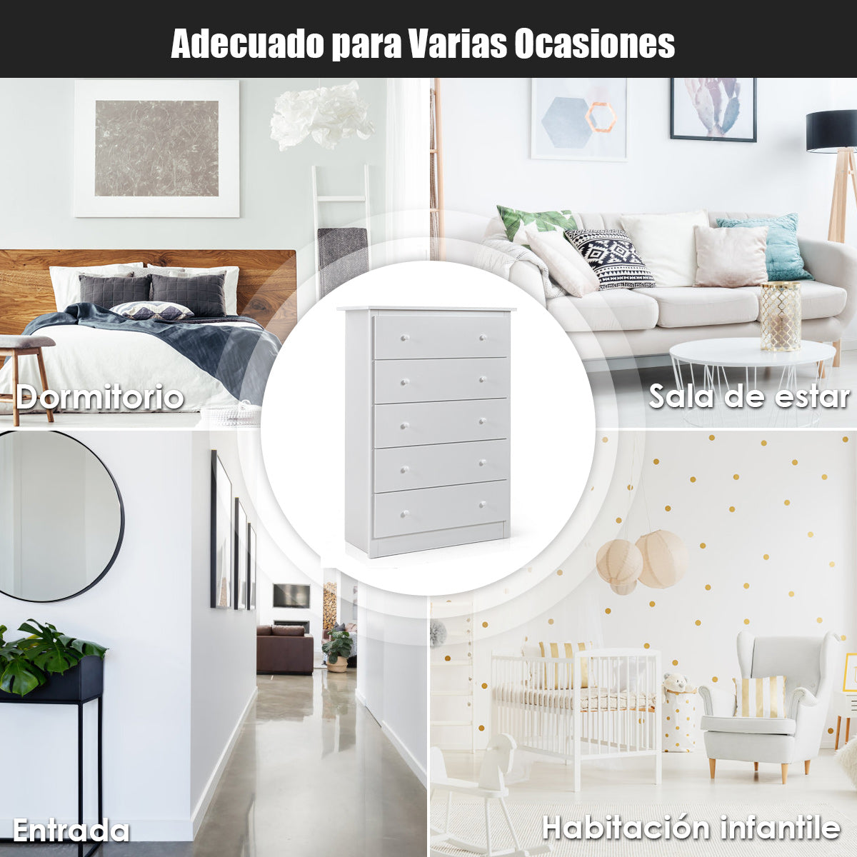 Cómoda de Madera con 5 Cajones Riel Deslizante Suave Mueble de Almacenaje Independiente para Sala de Estar 80 x 40 x 115 cm Blanco