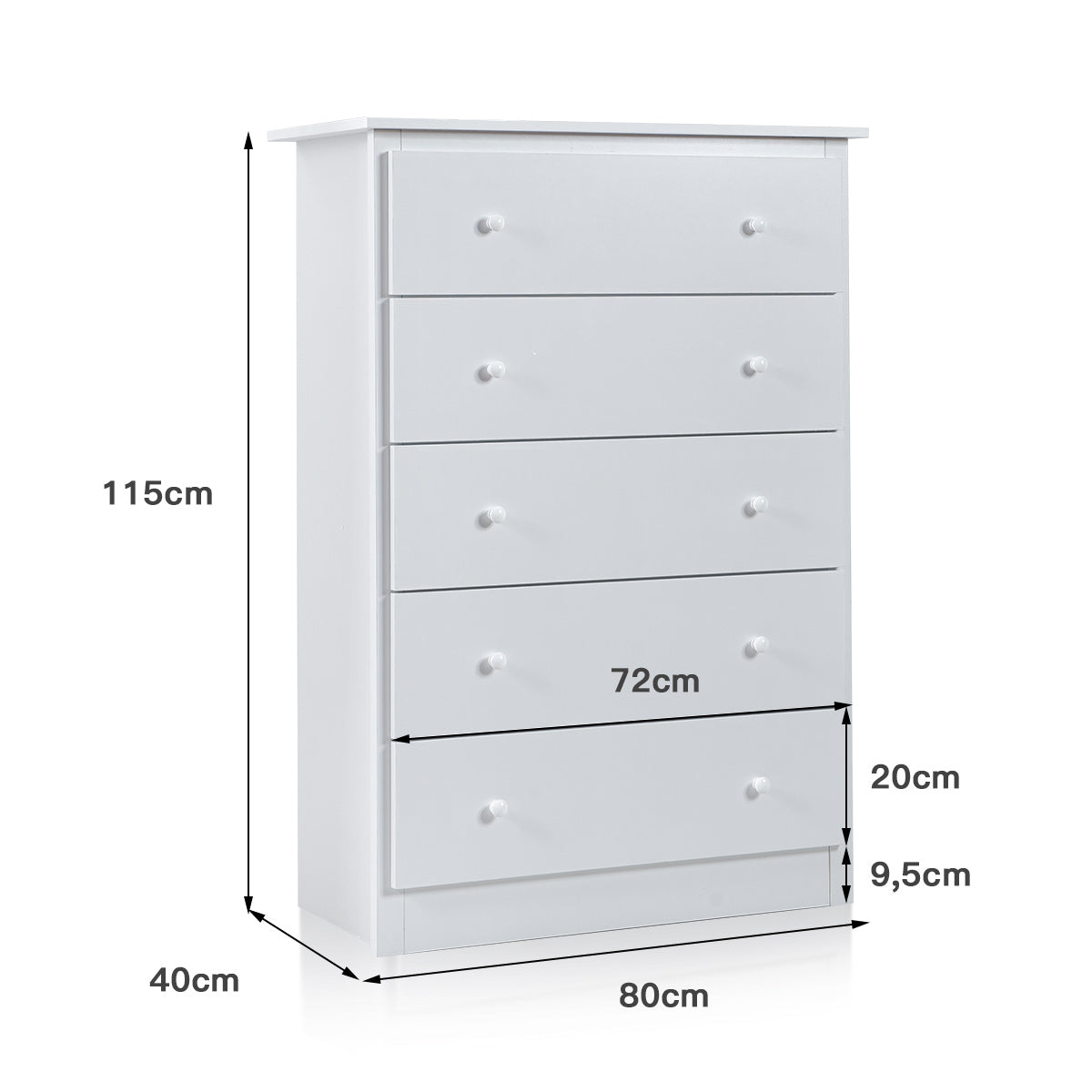 Cómoda de Madera con 5 Cajones Riel Deslizante Suave Mueble de Almacenaje Independiente para Sala de Estar 80 x 40 x 115 cm Blanco