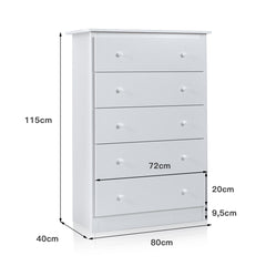 Cómoda de Madera con 5 Cajones Riel Deslizante Suave Mueble de Almacenaje Independiente para Sala de Estar 80 x 40 x 115 cm Blanco