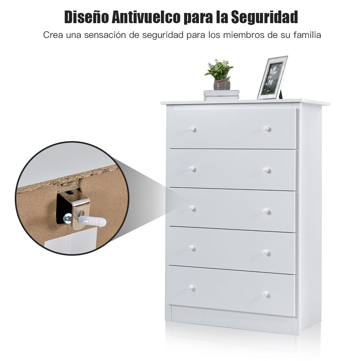 Cómoda de Madera con 5 Cajones Riel Deslizante Suave Mueble de Almacenaje Independiente para Sala de Estar 80 x 40 x 115 cm Blanco