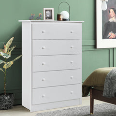 Cómoda de Madera con 5 Cajones Riel Deslizante Suave Mueble de Almacenaje Independiente para Sala de Estar 80 x 40 x 115 cm Blanco