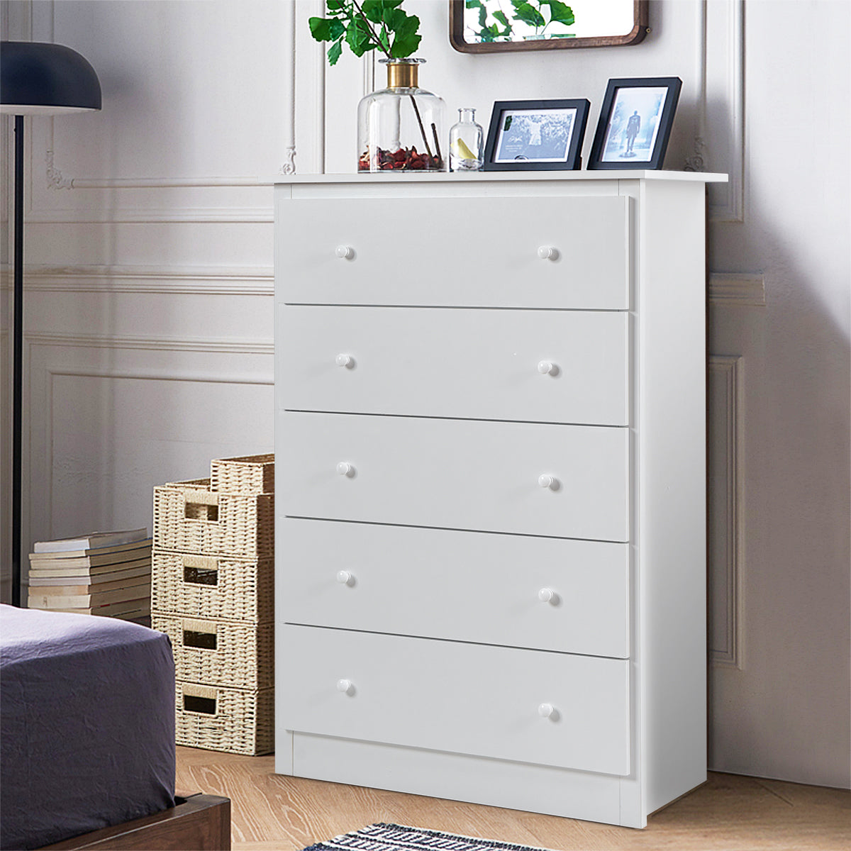 Cómoda de Madera con 5 Cajones Riel Deslizante Suave Mueble de Almacenaje Independiente para Sala de Estar 80 x 40 x 115 cm Blanco