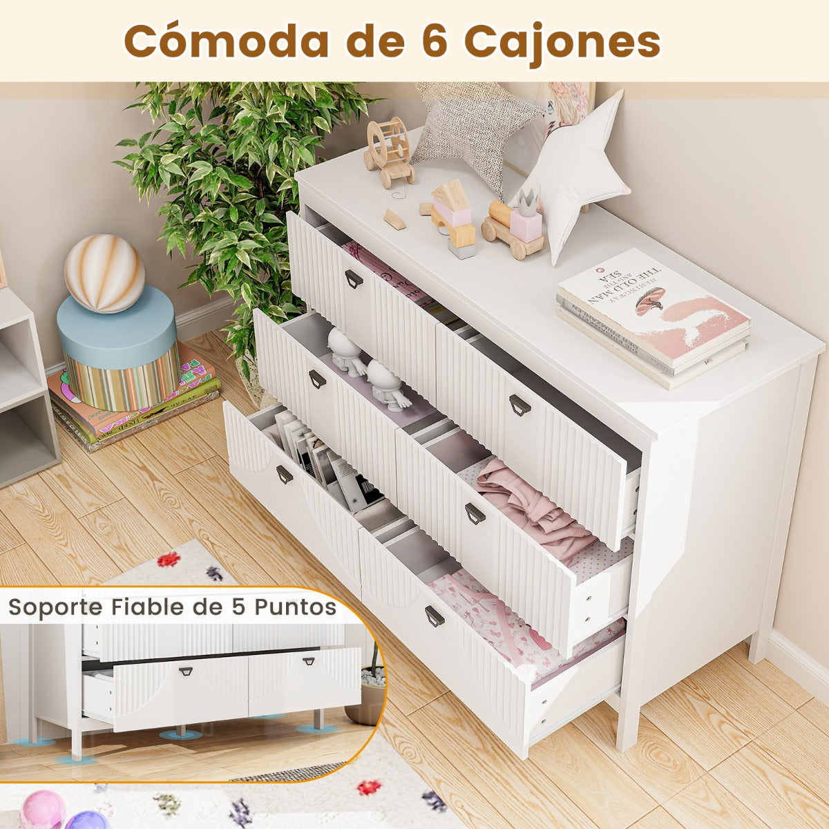 Cómoda de 6 Cajones Cajonera Moderno Armario de Almacenamiento para Hogar Antivuelco Gabinete Lateral para Cocina Dormitorio Estudio Blanco
