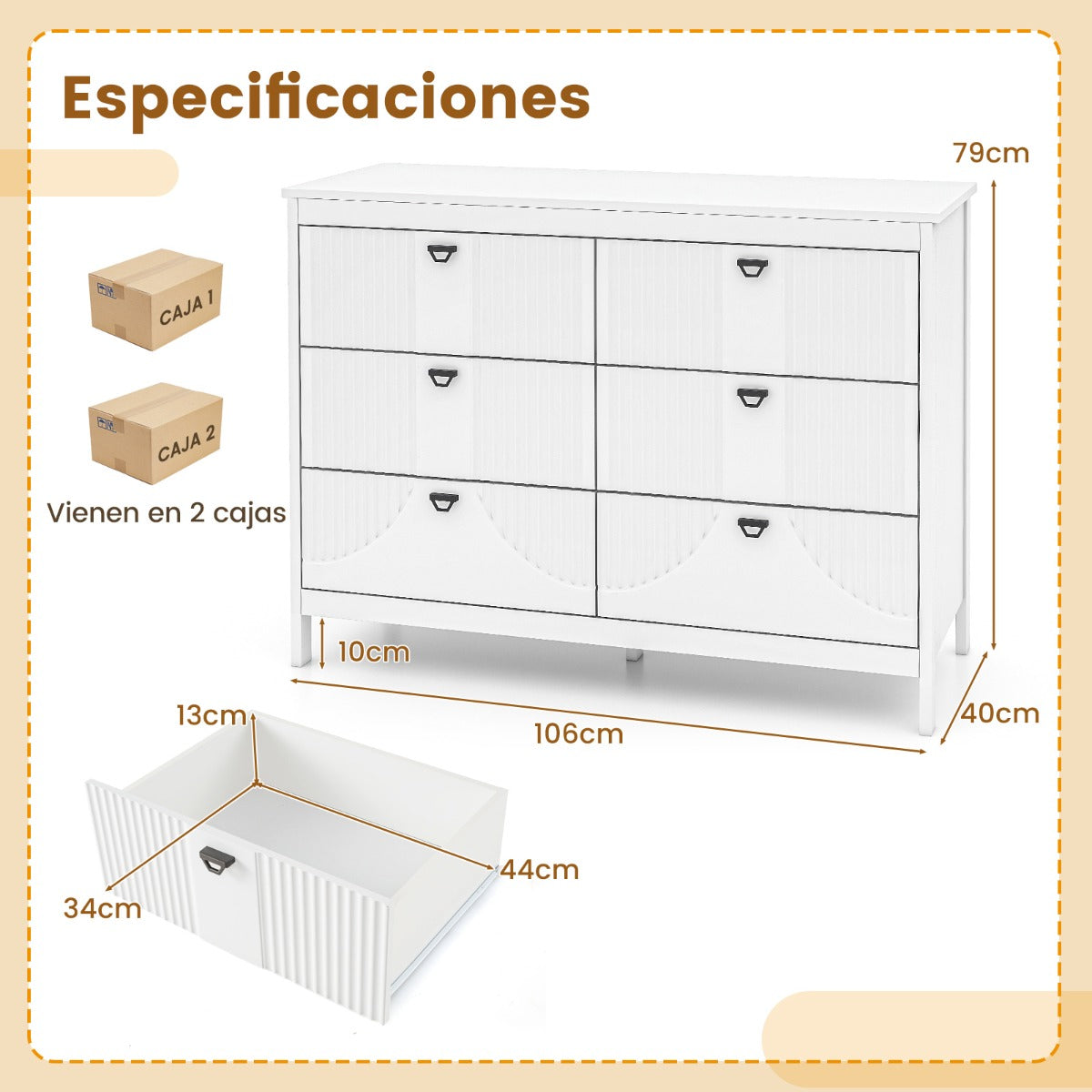 Cómoda de 6 Cajones Cajonera Moderno Armario de Almacenamiento para Hogar Antivuelco Gabinete Lateral para Cocina Dormitorio Estudio Blanco