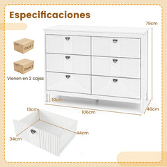 Cómoda de 6 Cajones Cajonera Moderno Armario de Almacenamiento para Hogar Antivuelco Gabinete Lateral para Cocina Dormitorio Estudio Blanco