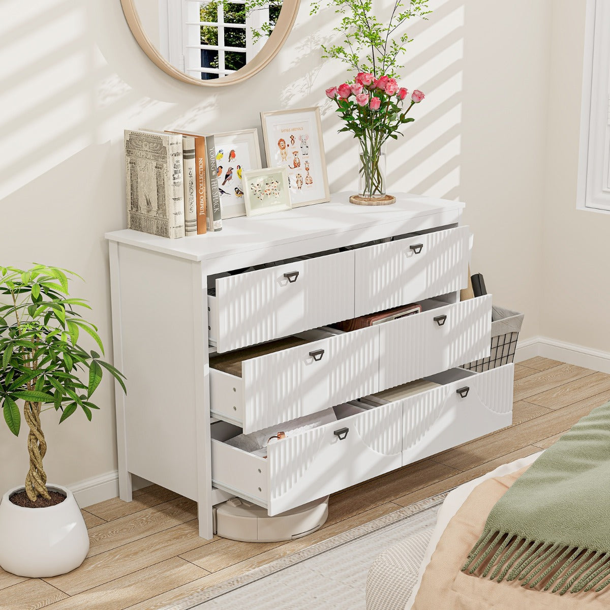 Cómoda de 6 Cajones Cajonera Moderno Armario de Almacenamiento para Hogar Antivuelco Gabinete Lateral para Cocina Dormitorio Estudio Blanco