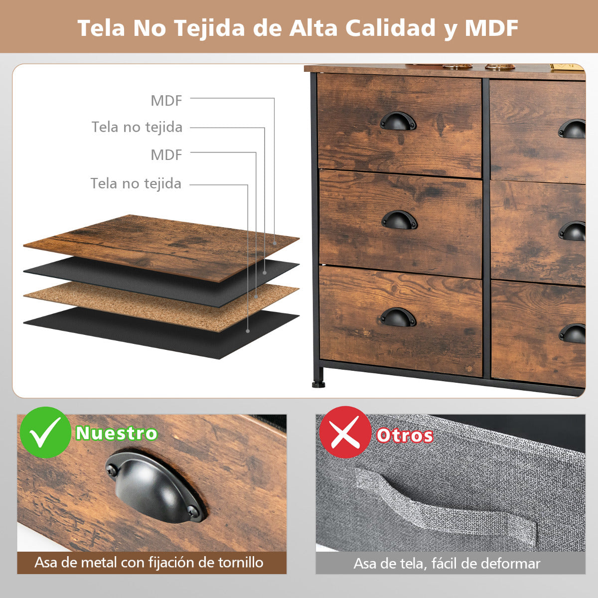 Cómoda de 6 Cajones de Tela Plegables Organizador de Almacenamiento 3 Niveles Marco de Acero Armario para Salón Dormitorio 80 x 30 x 63 cm Marrón