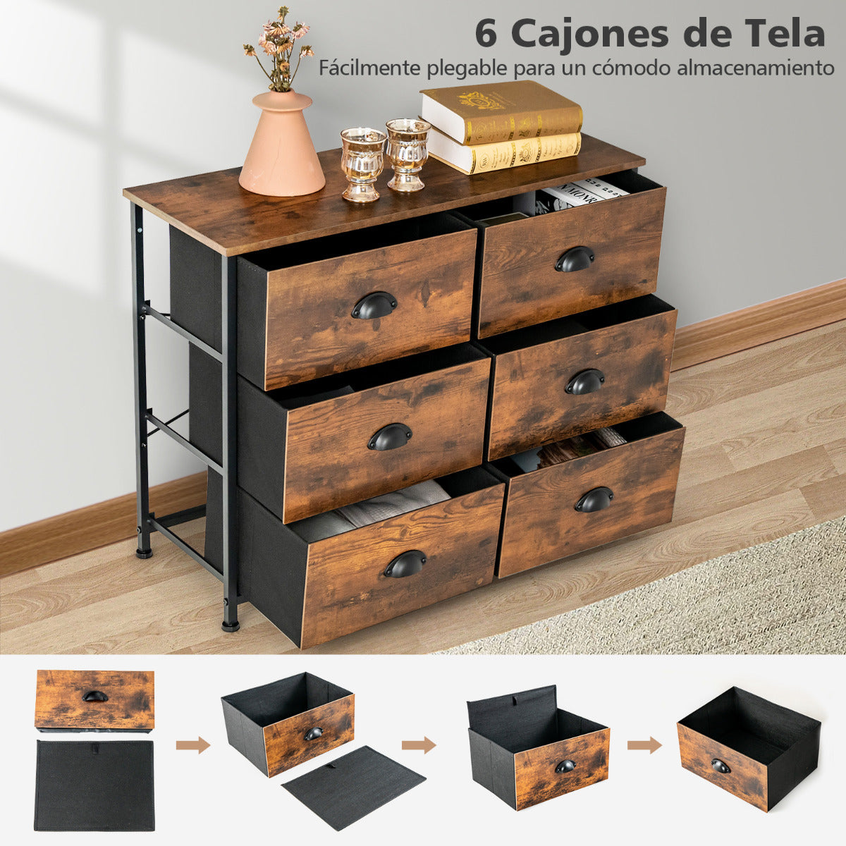 Cómoda de 6 Cajones de Tela Plegables Organizador de Almacenamiento 3 Niveles Marco de Acero Armario para Salón Dormitorio 80 x 30 x 63 cm Marrón