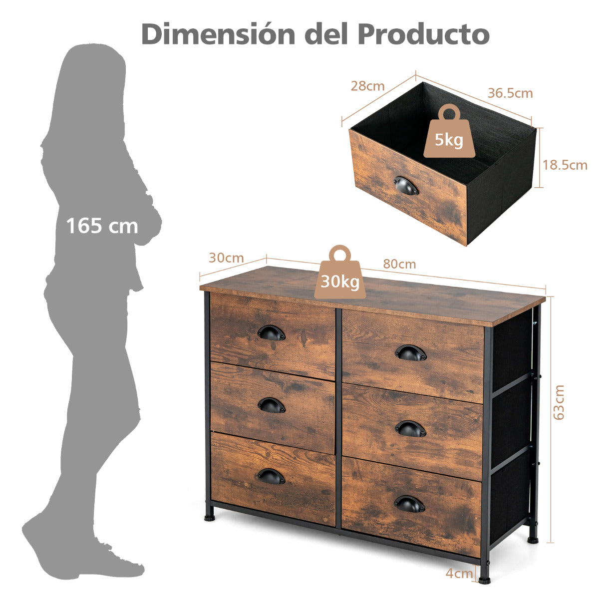 Cómoda de 6 Cajones de Tela Plegables Organizador de Almacenamiento 3 Niveles Marco de Acero Armario para Salón Dormitorio 80 x 30 x 63 cm Marrón