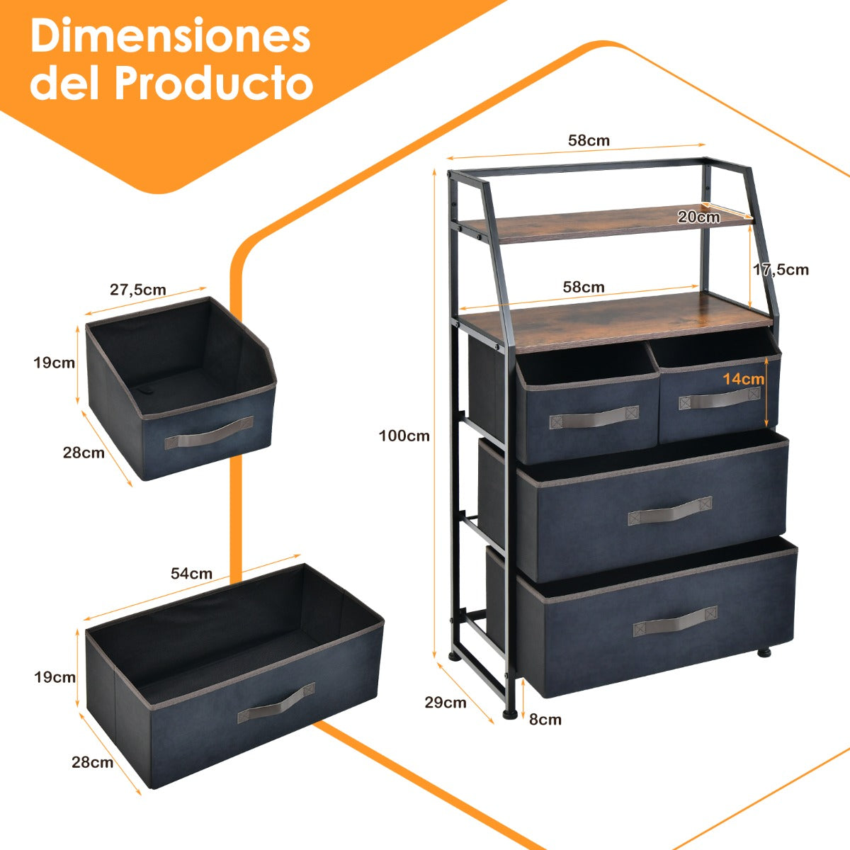 Cómoda de 4 Cajones de Tela Aparador con 2 Estantes Anti-Vuelco y Armario Cajonera para Dormitorio Entrada 58 x 29 x 100 cm Marrón