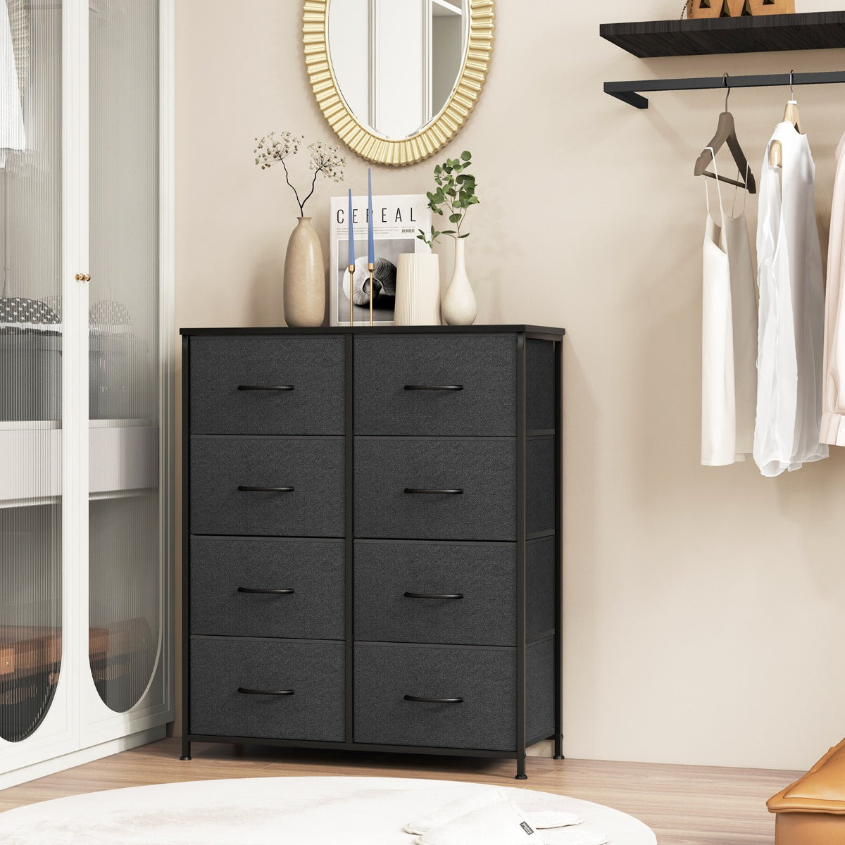 Cajonera Multifuncional con 8 Cajones y Kits Antivuelco Cómoda de Tela para Armario Dormitorio y Sala de Estar 80 x 30 x 92 cm Negro