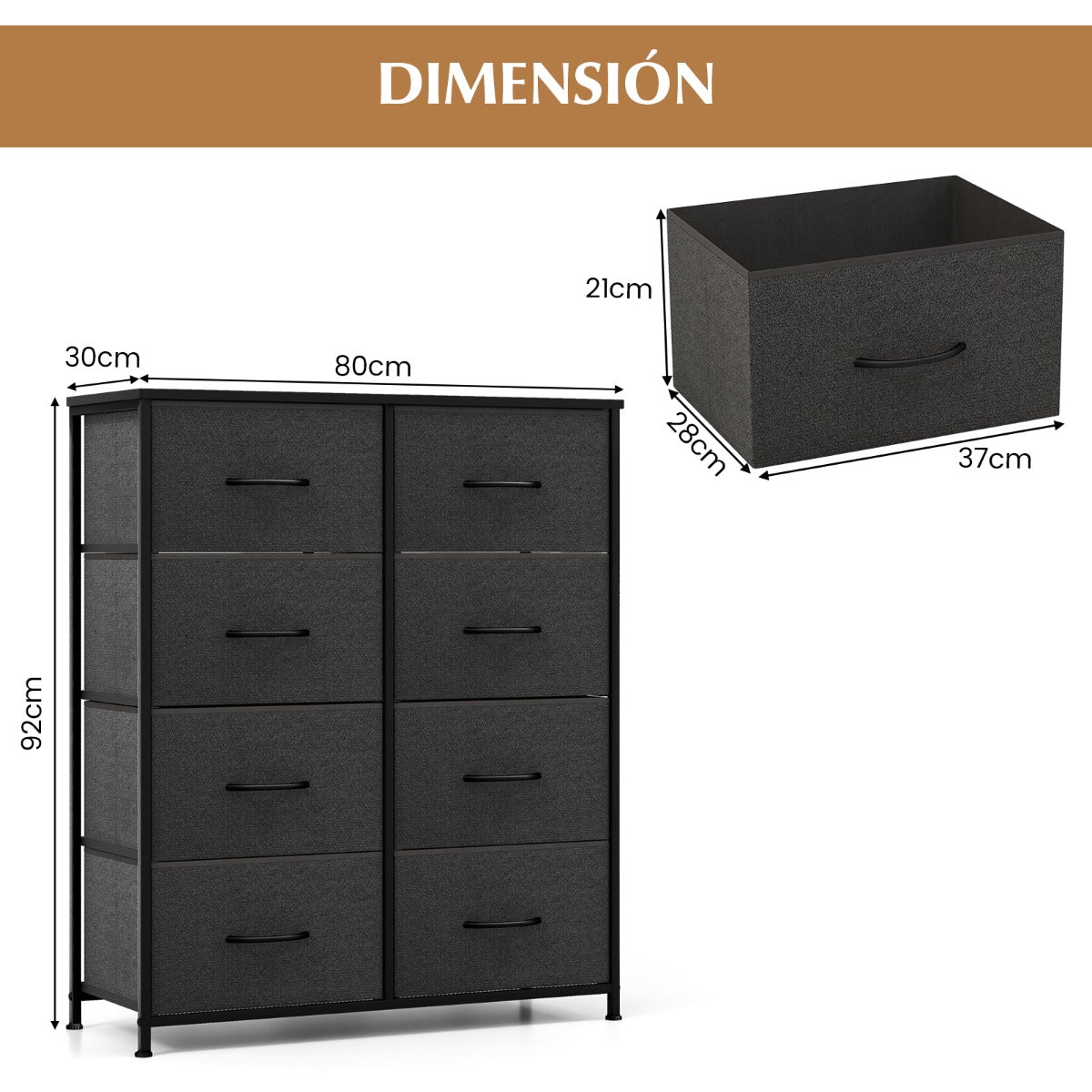 Cajonera Multifuncional con 8 Cajones y Kits Antivuelco Cómoda de Tela para Armario Dormitorio y Sala de Estar 80 x 30 x 92 cm Negro