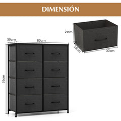 Cajonera Multifuncional con 8 Cajones y Kits Antivuelco Cómoda de Tela para Armario Dormitorio y Sala de Estar 80 x 30 x 92 cm Negro