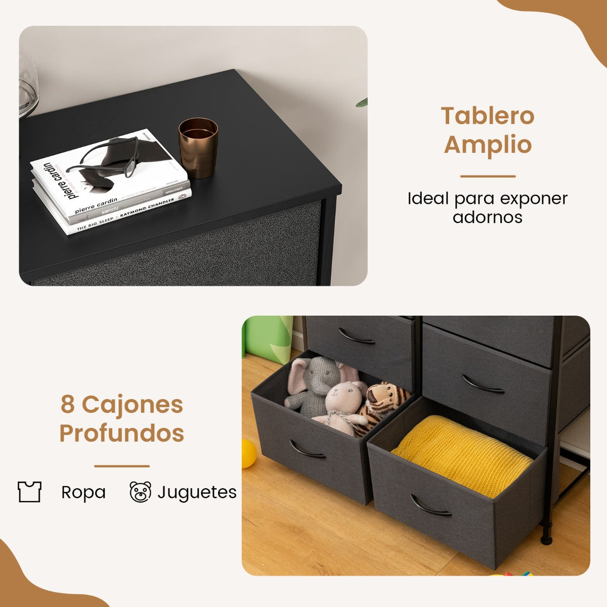 Cajonera Multifuncional con 8 Cajones y Kits Antivuelco Cómoda de Tela para Armario Dormitorio y Sala de Estar 80 x 30 x 92 cm Negro