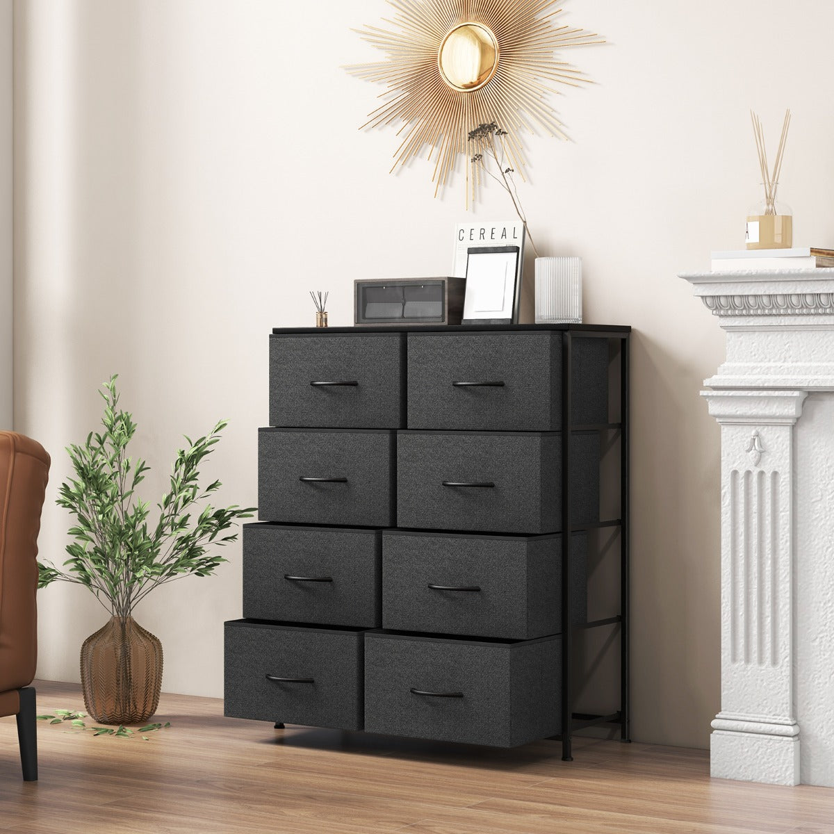 Cajonera Multifuncional con 8 Cajones y Kits Antivuelco Cómoda de Tela para Armario Dormitorio y Sala de Estar 80 x 30 x 92 cm Negro
