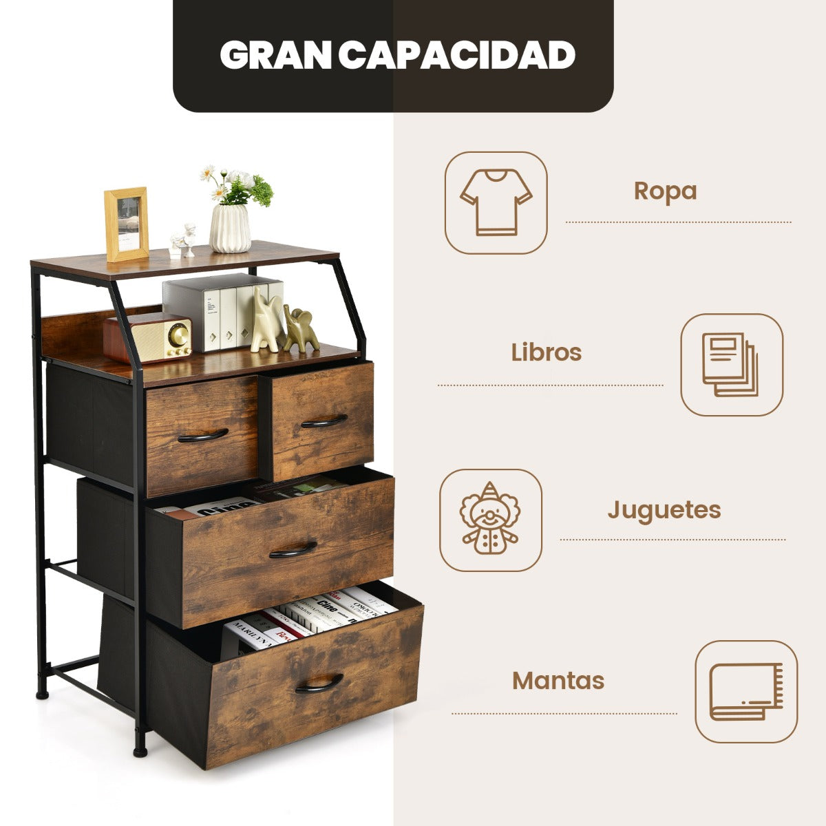 Cómoda de 4 Cajones con Estante y Cajones de Tela Organizador de Almacenamiento Industrial para la Sala de Estar 60 x 39 x 96 cm Marrón