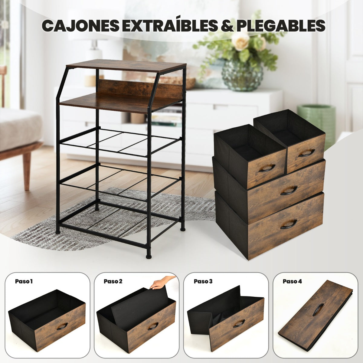 Cómoda de 4 Cajones con Estante y Cajones de Tela Organizador de Almacenamiento Industrial para la Sala de Estar 60 x 39 x 96 cm Marrón