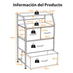 Cómoda de 4 Cajones con Estante y Cajones de Tela Organizador de Almacenamiento Industrial para la Sala de Estar 60 x 39 x 96 cm Marrón