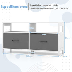 Cómoda con 2 Cajones Mueble TV hasta 45” con 2 Estantes Abiertos y Contenedores de Tela para Dormitorio Sala de Estar Domitorio Blanco