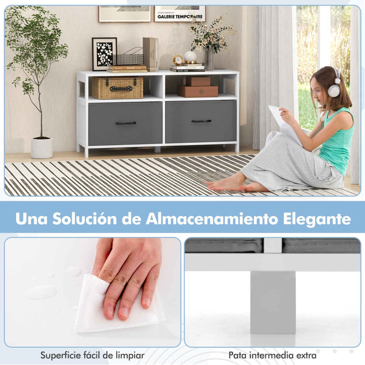 Cómoda con 2 Cajones Mueble TV hasta 45” con 2 Estantes Abiertos y Contenedores de Tela para Dormitorio Sala de Estar Domitorio Blanco