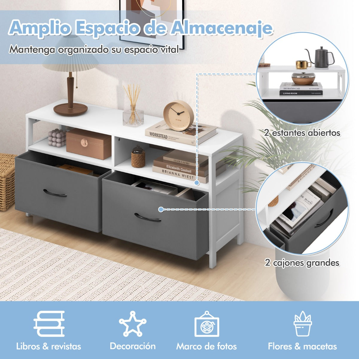 Cómoda con 2 Cajones Mueble TV hasta 45” con 2 Estantes Abiertos y Contenedores de Tela para Dormitorio Sala de Estar Domitorio Blanco