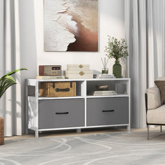 Cómoda con 2 Cajones Mueble TV hasta 45” con 2 Estantes Abiertos y Contenedores de Tela para Dormitorio Sala de Estar Domitorio Blanco
