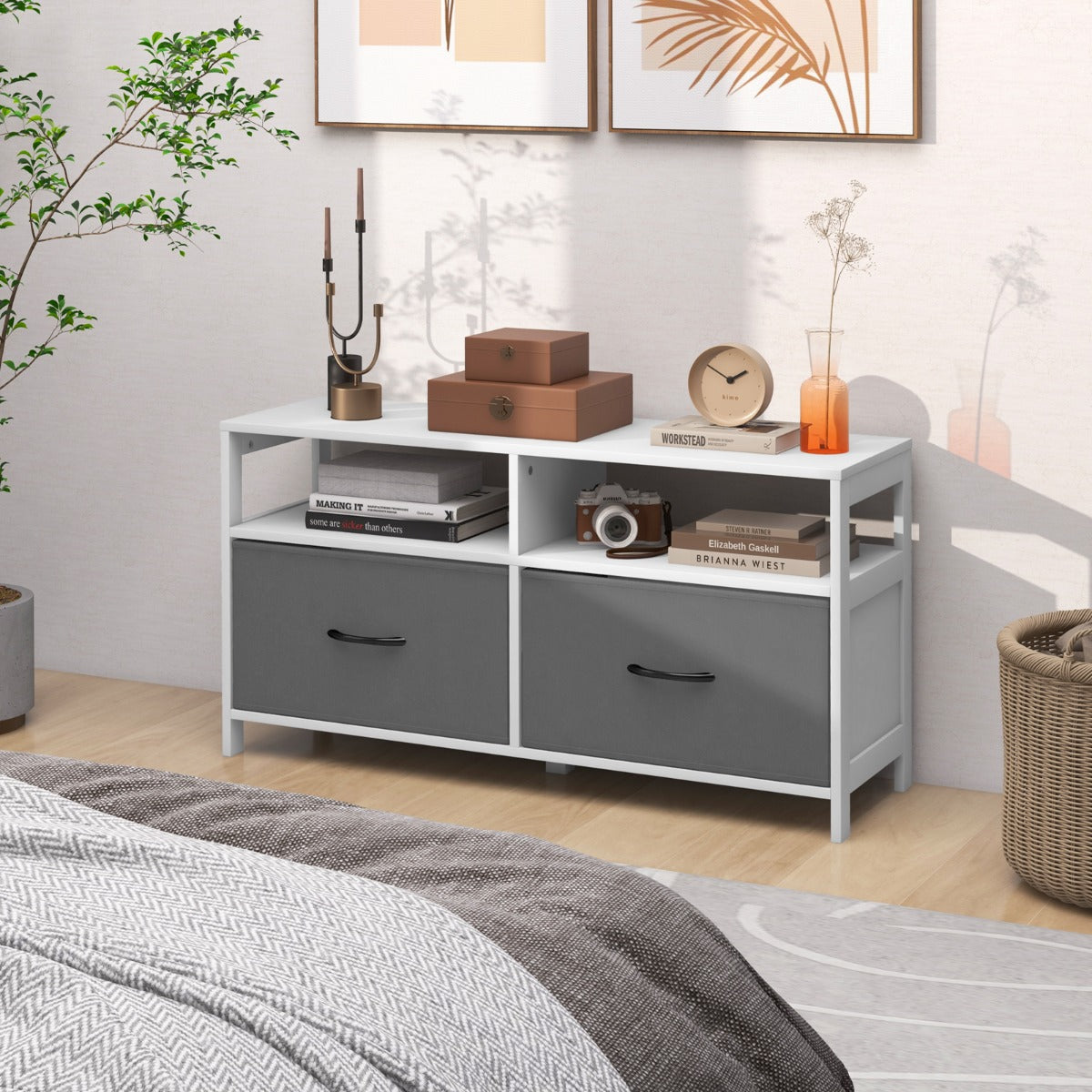 Cómoda con 2 Cajones Mueble TV hasta 45” con 2 Estantes Abiertos y Contenedores de Tela para Dormitorio Sala de Estar Domitorio Blanco