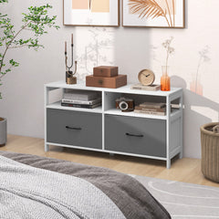 Cómoda con 2 Cajones Mueble TV hasta 45” con 2 Estantes Abiertos y Contenedores de Tela para Dormitorio Sala de Estar Domitorio Blanco