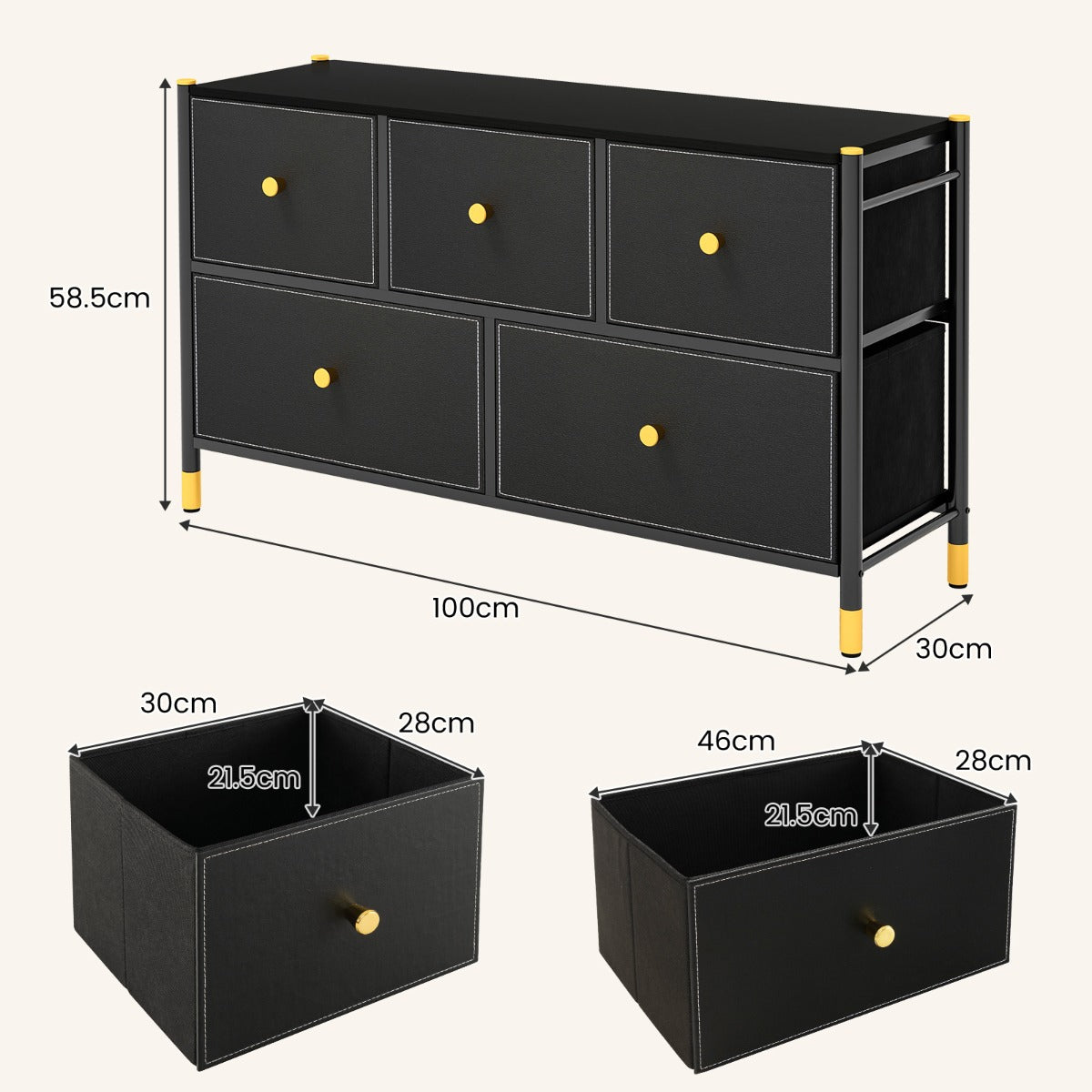 Cajonera con 5 Cajones Marco de Metal Mueble Almacenaje de Tela para Dormitorio Salón Sala de Estar y Pasillo 100 x 30 x 58,5 cm Negro