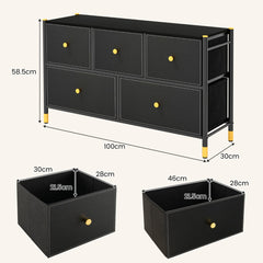 Cajonera con 5 Cajones Marco de Metal Mueble Almacenaje de Tela para Dormitorio Salón Sala de Estar y Pasillo 100 x 30 x 58,5 cm Negro