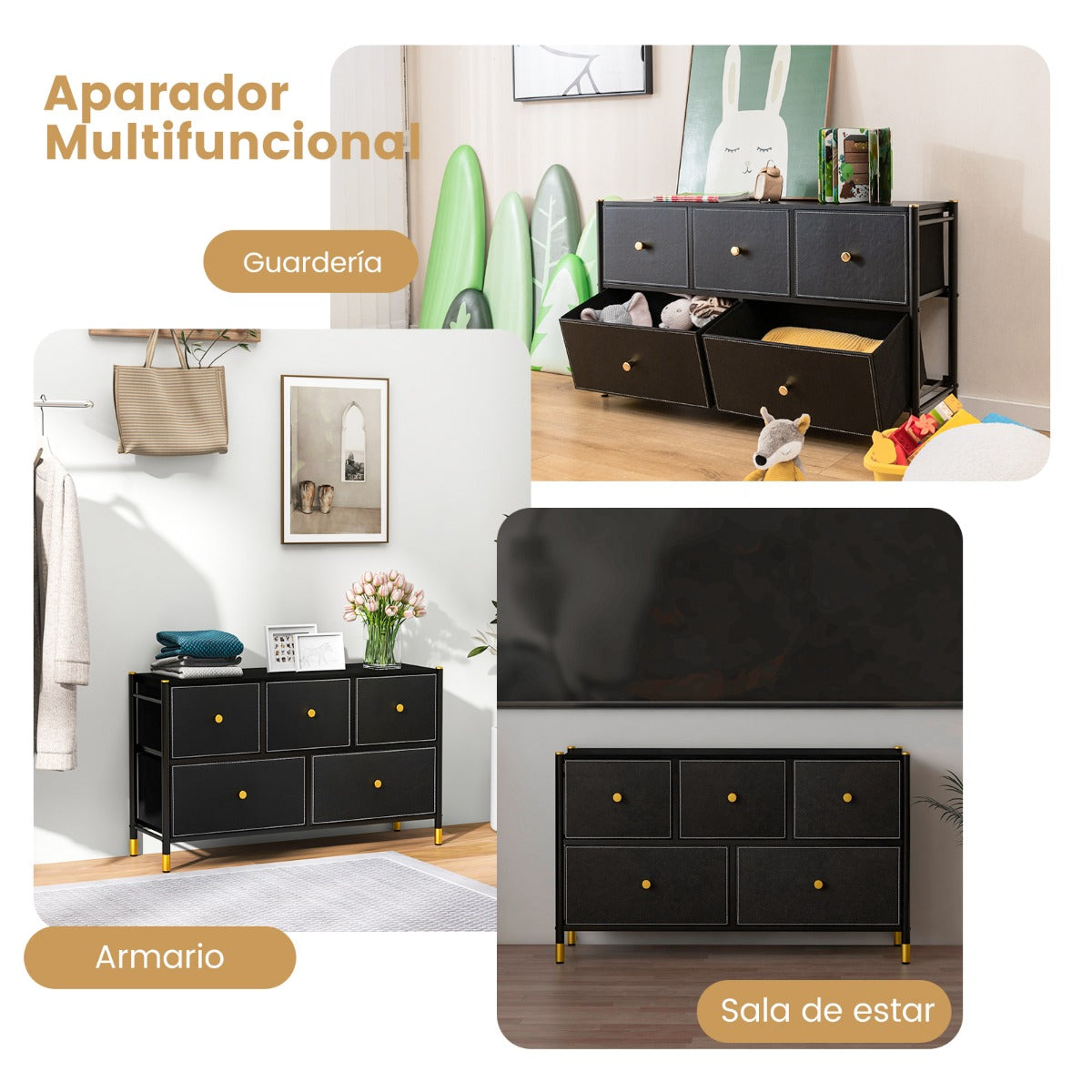 Cajonera con 5 Cajones Marco de Metal Mueble Almacenaje de Tela para Dormitorio Salón Sala de Estar y Pasillo 100 x 30 x 58,5 cm Negro