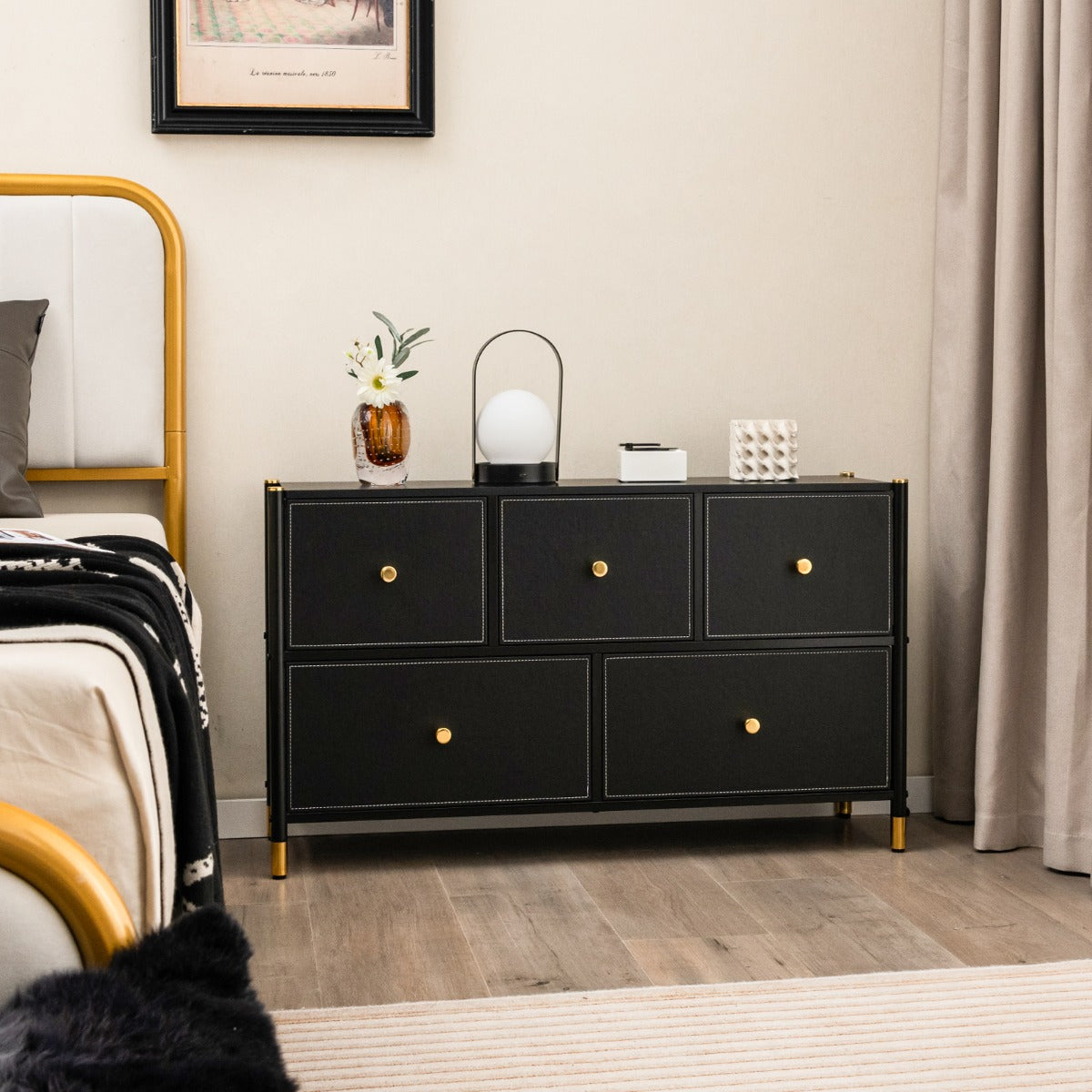 Cajonera con 5 Cajones Marco de Metal Mueble Almacenaje de Tela para Dormitorio Salón Sala de Estar y Pasillo 100 x 30 x 58,5 cm Negro