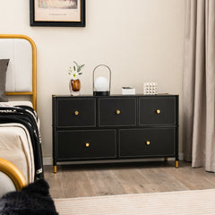 Cajonera con 5 Cajones Marco de Metal Mueble Almacenaje de Tela para Dormitorio Salón Sala de Estar y Pasillo 100 x 30 x 58,5 cm Negro
