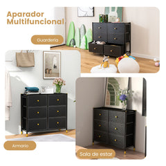 Cajonera con 6 Cajones Marco de Metal Mueble Almacenaje de Tela para Dormitorio Salón Sala de Estar y Pasillo 89 x 30 x 76,5 cm Negro
