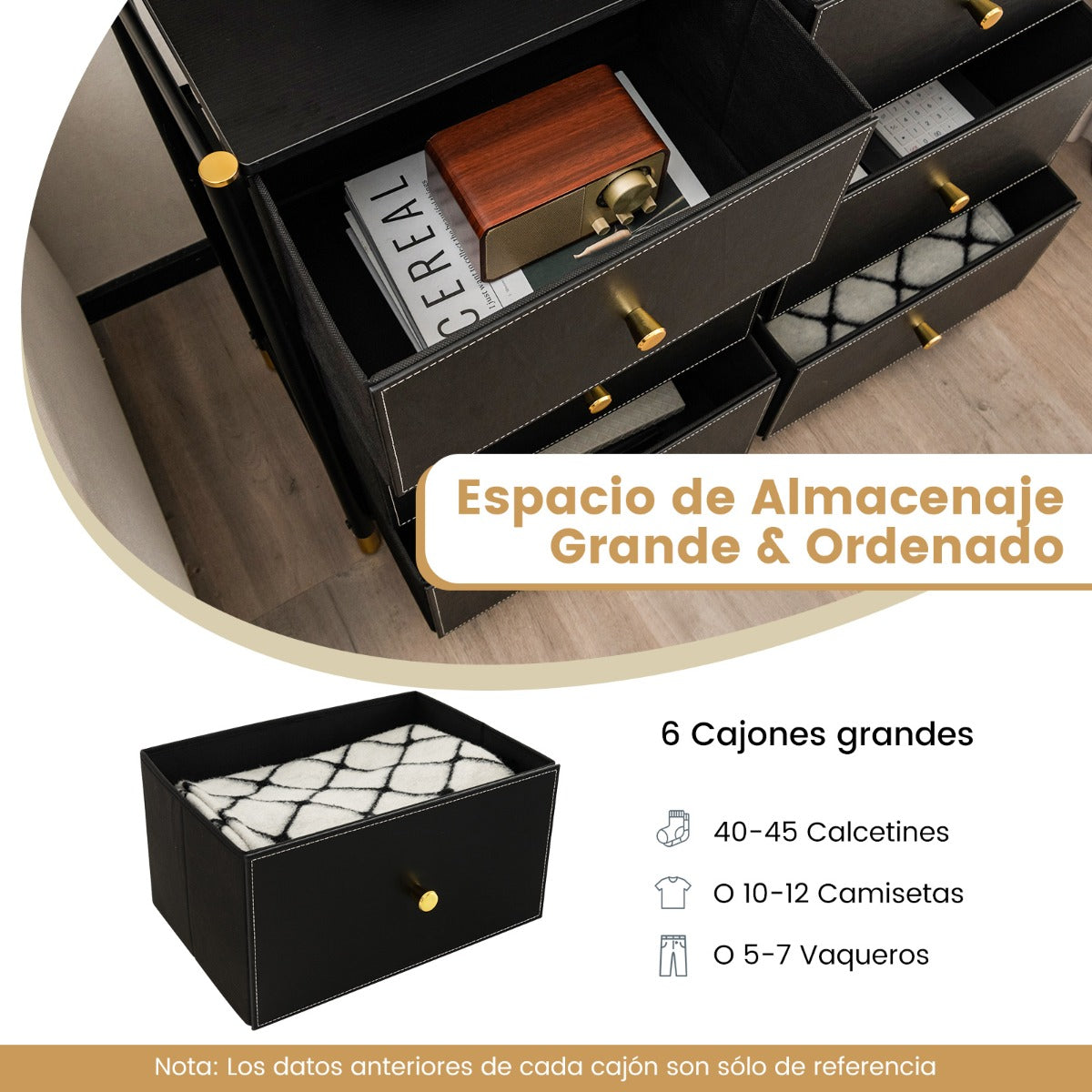 Cajonera con 6 Cajones Marco de Metal Mueble Almacenaje de Tela para Dormitorio Salón Sala de Estar y Pasillo 89 x 30 x 76,5 cm Negro
